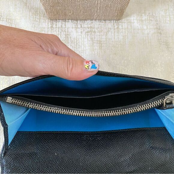 BVLGARI Black Leather Long Wallet with Teal Blue Interior and Silver Hardware. - Picture 14 of 15